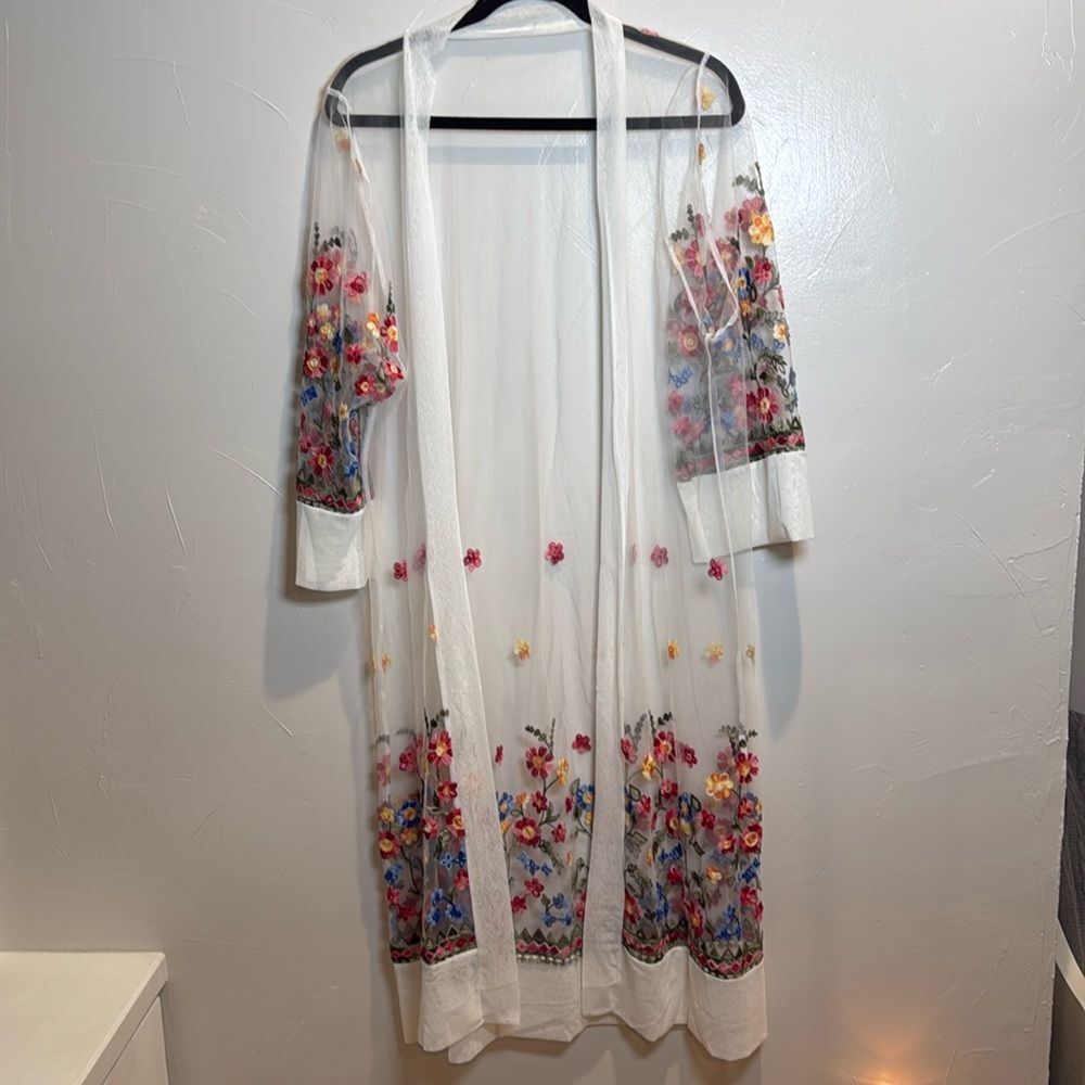 Kimono Sheer White Floral Embroidery Wedding Bridal Spring Shower Beach Boho